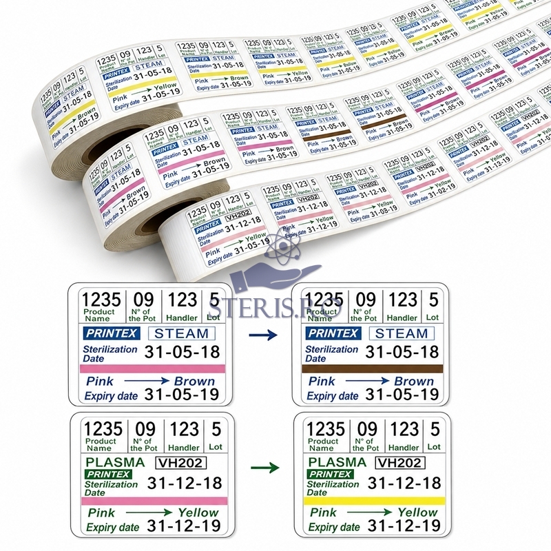 Eticheta / etichete dublu adezive trasabilitate sterilizare abur 32 X 28 mm cu indicator, pentru pistol de etichetat Printex